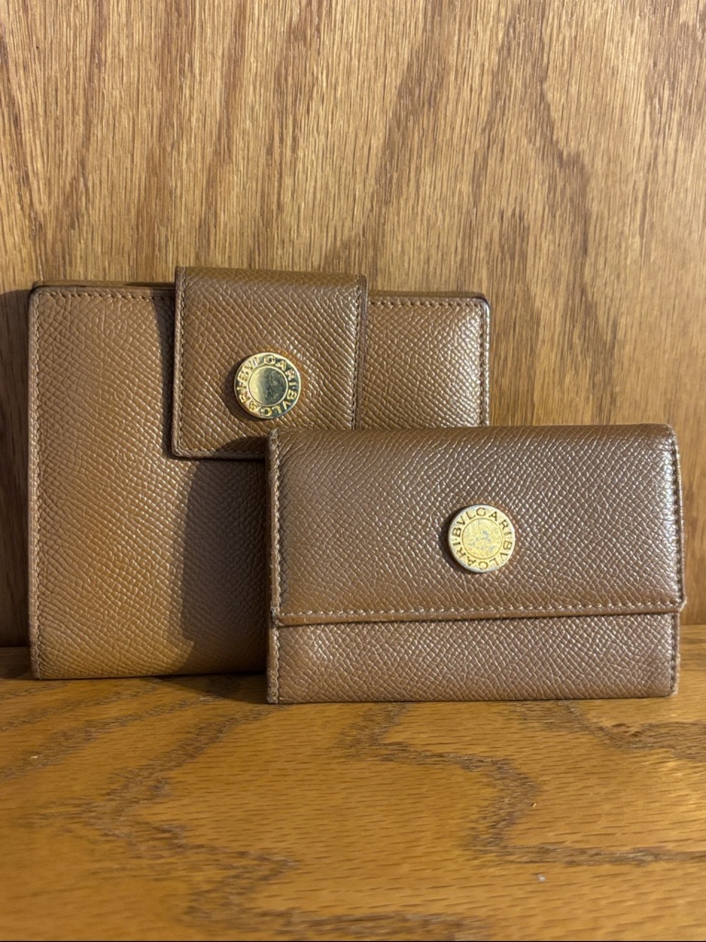 🤎 BUNDLE! Bvlgari Women's Brown Tan Leather Compact Snap Wallet & Key Case